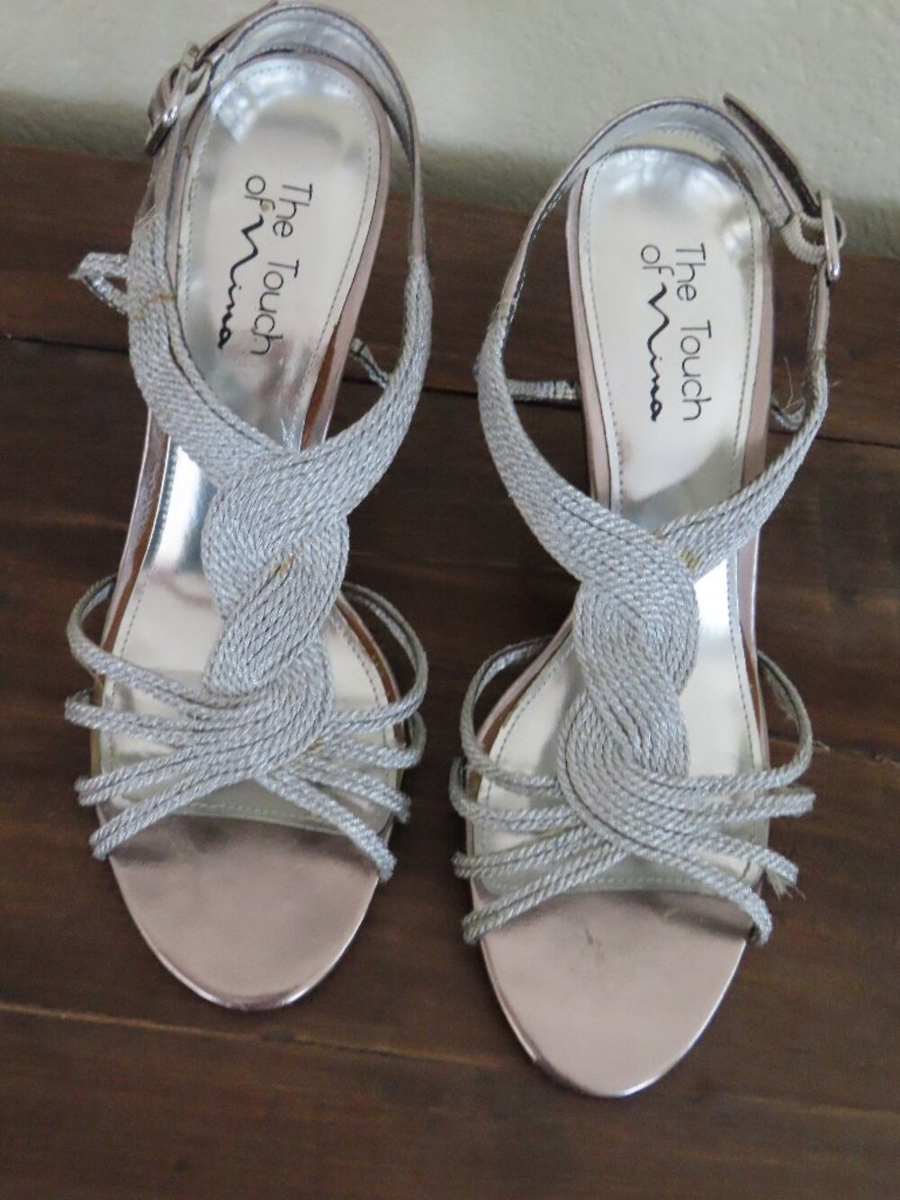 Nina Silver Strappy Open Toe Slingback 4" Stiletto's 9.5 M